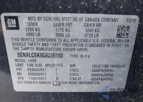 2016 Chevrolet Equinox Lt z USA, uszkodzony, nr VIN 2GNALCEK0G6286190